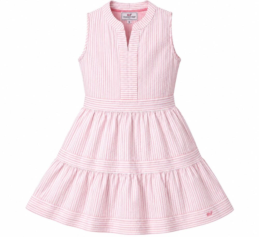 Vineyard Vines Girls Medium Pink White Seersucker Stripe Sleeveless Tiered Dress